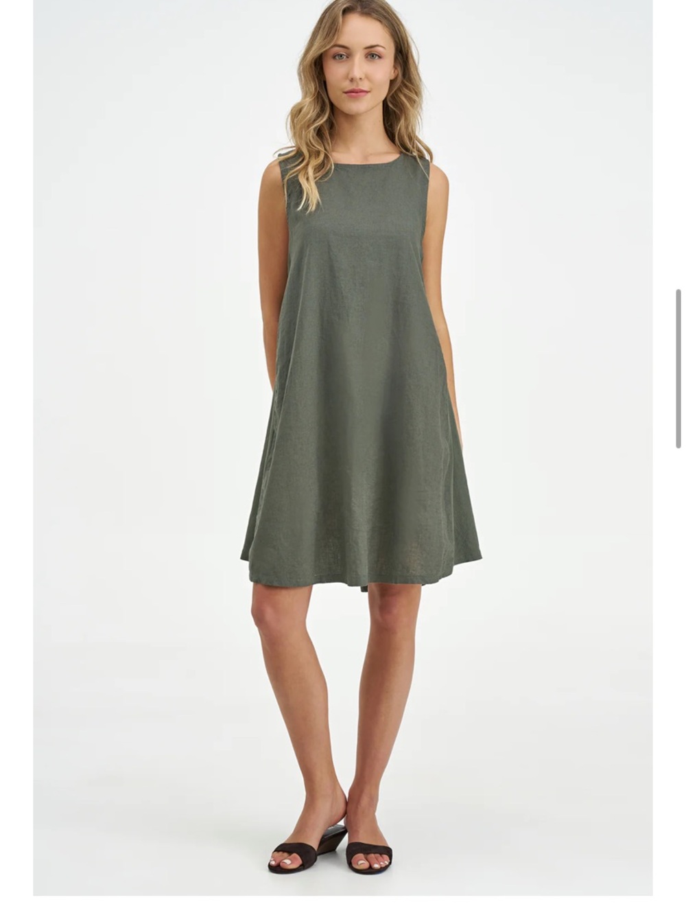 Linen blend Sleeveless A-Line Dress in Olive Green with side panels